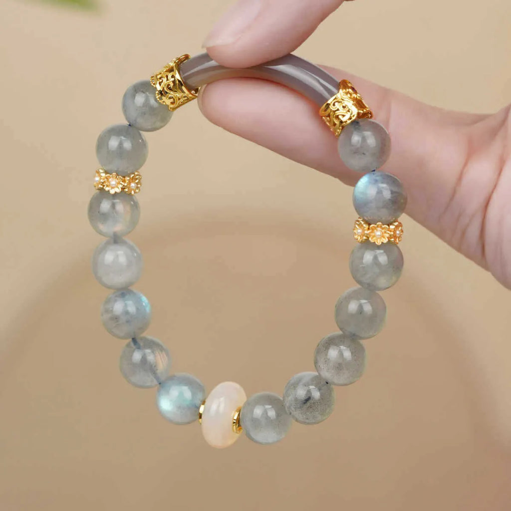 Gray moonstone agate women's bracelet with 8mm round beads in half-bracelet design