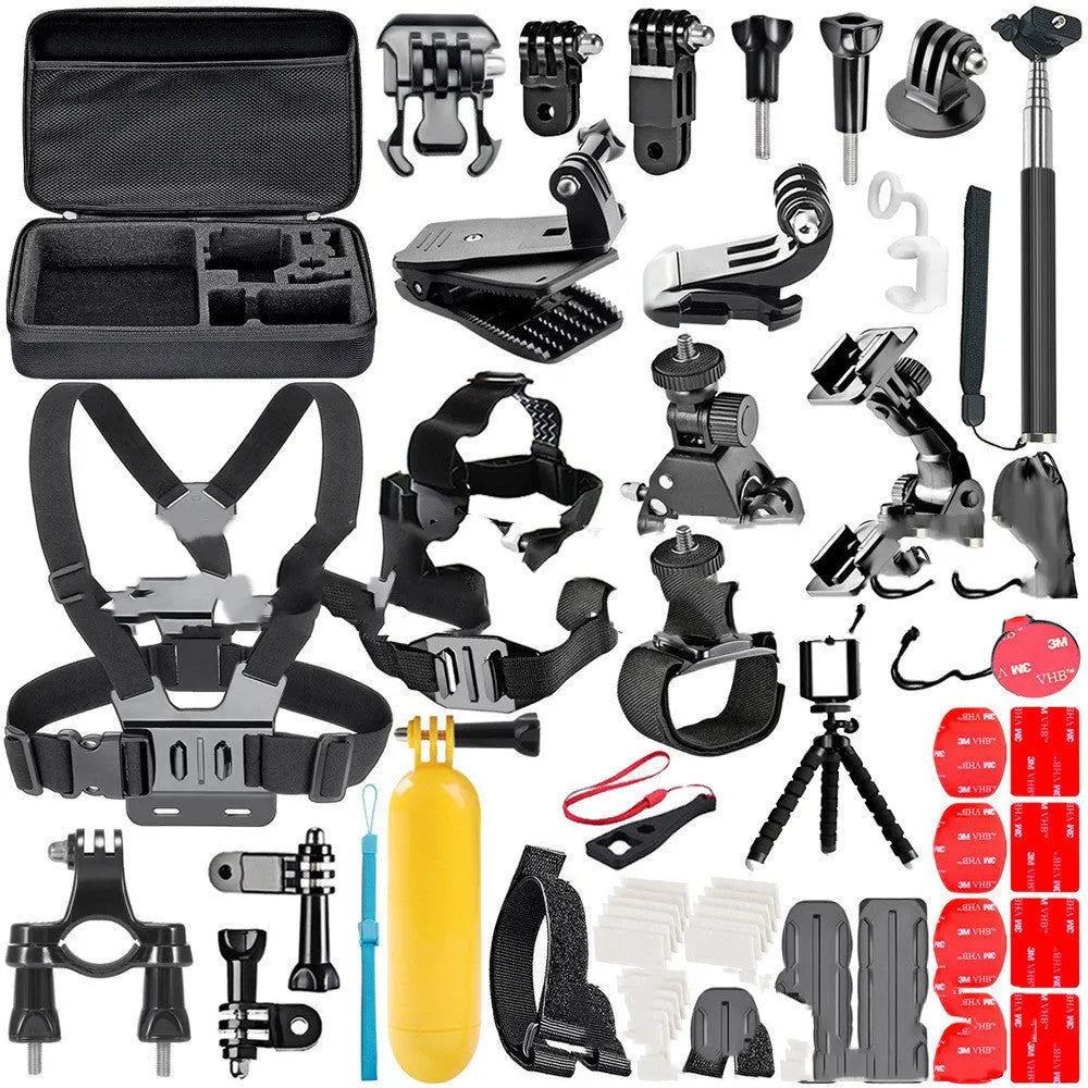 Black GoPro accessories set showing chest strap, helmet mount and tripod for action cameras