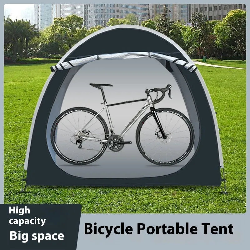 Black outdoor bicycle storage tent showing roof-style design suitable for 2-3 bicycles