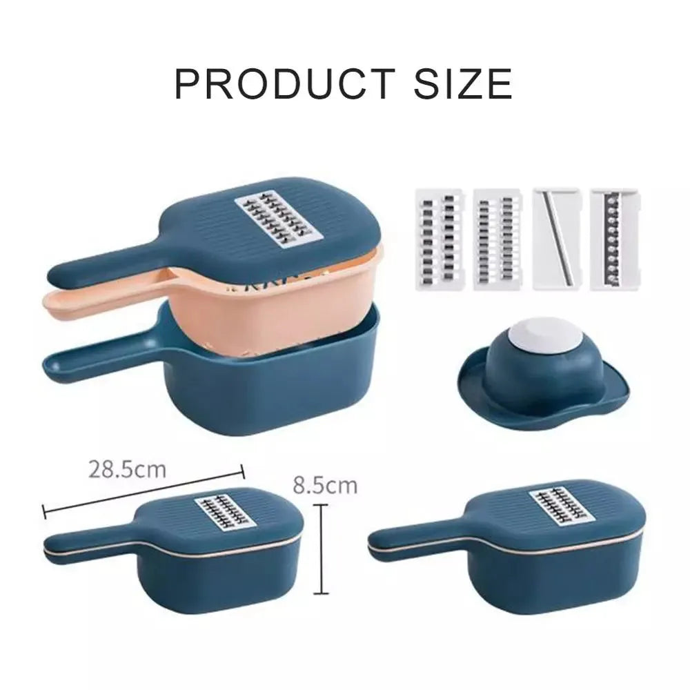 Dark blue vegetable cutter kitchen tool with hand guard, four stainless steel blades, and a white drain basket.