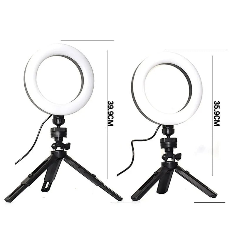 Black universal desktop tripod and bracket kit with adjustable fill light for mobile phones.
