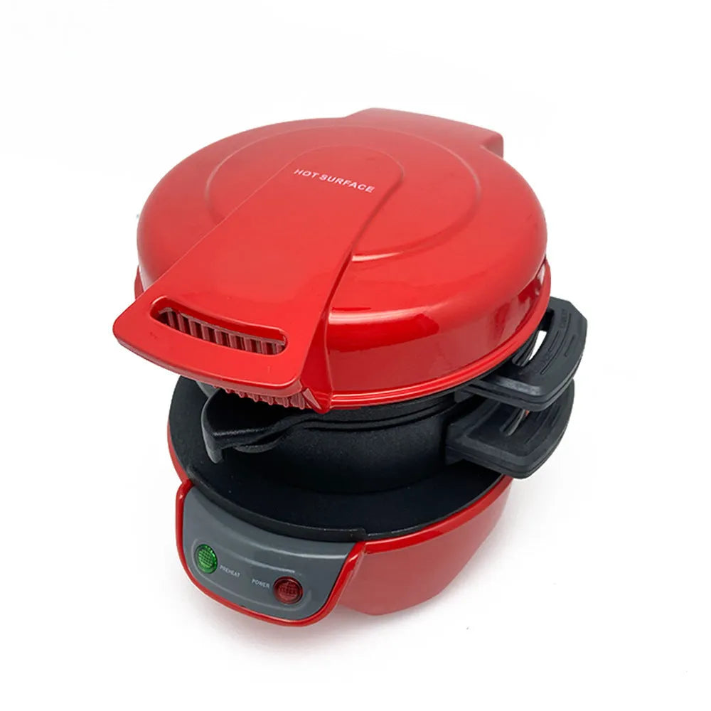 Household breakfast machine in bright red with sandwich maker and egg cooker ring, 22cm by 17.5cm size