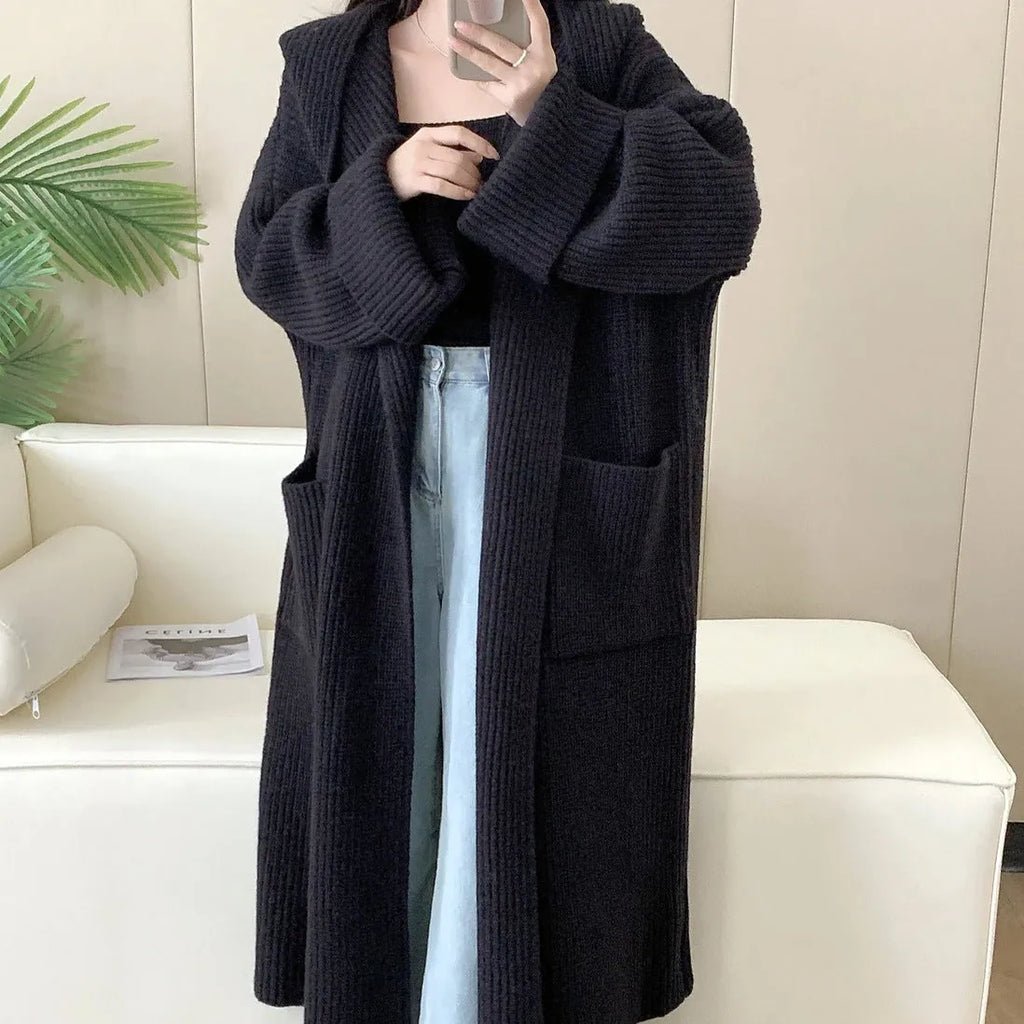 Women's loose grey hooded cardigan coat with raglan sleeves, 80cm length