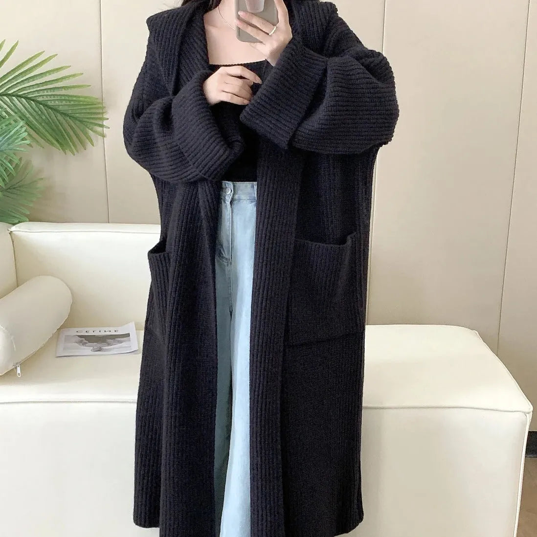 Women's loose grey hooded cardigan coat with raglan sleeves, 80cm length