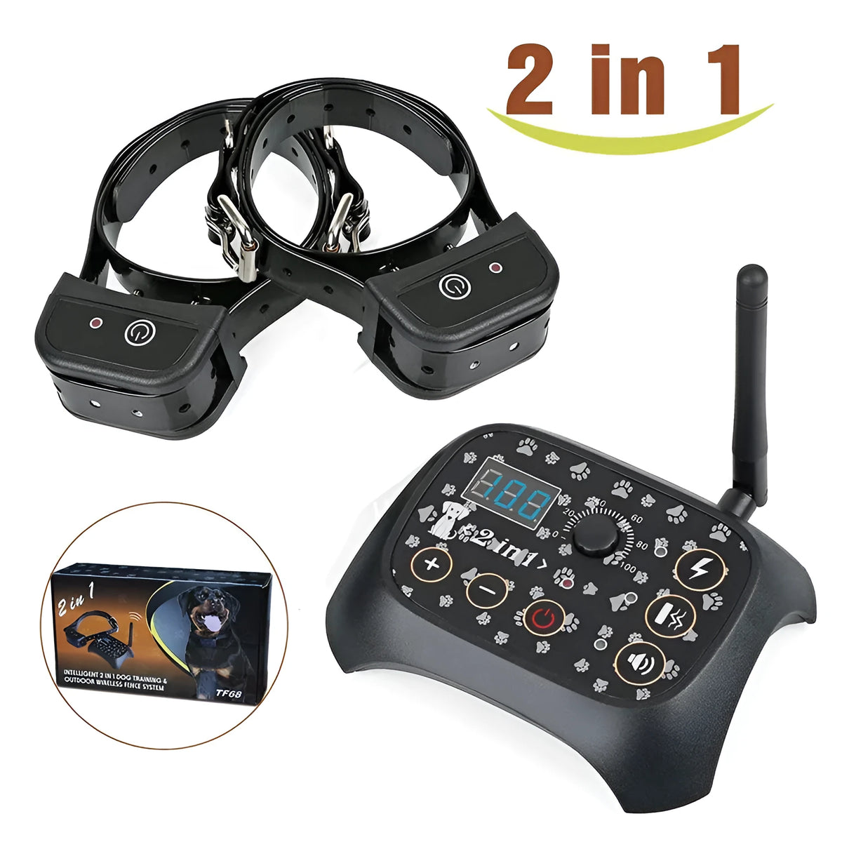 Automatic remote dog trainer and wireless fence with transmitter, digital display, and adjustable static shock controls