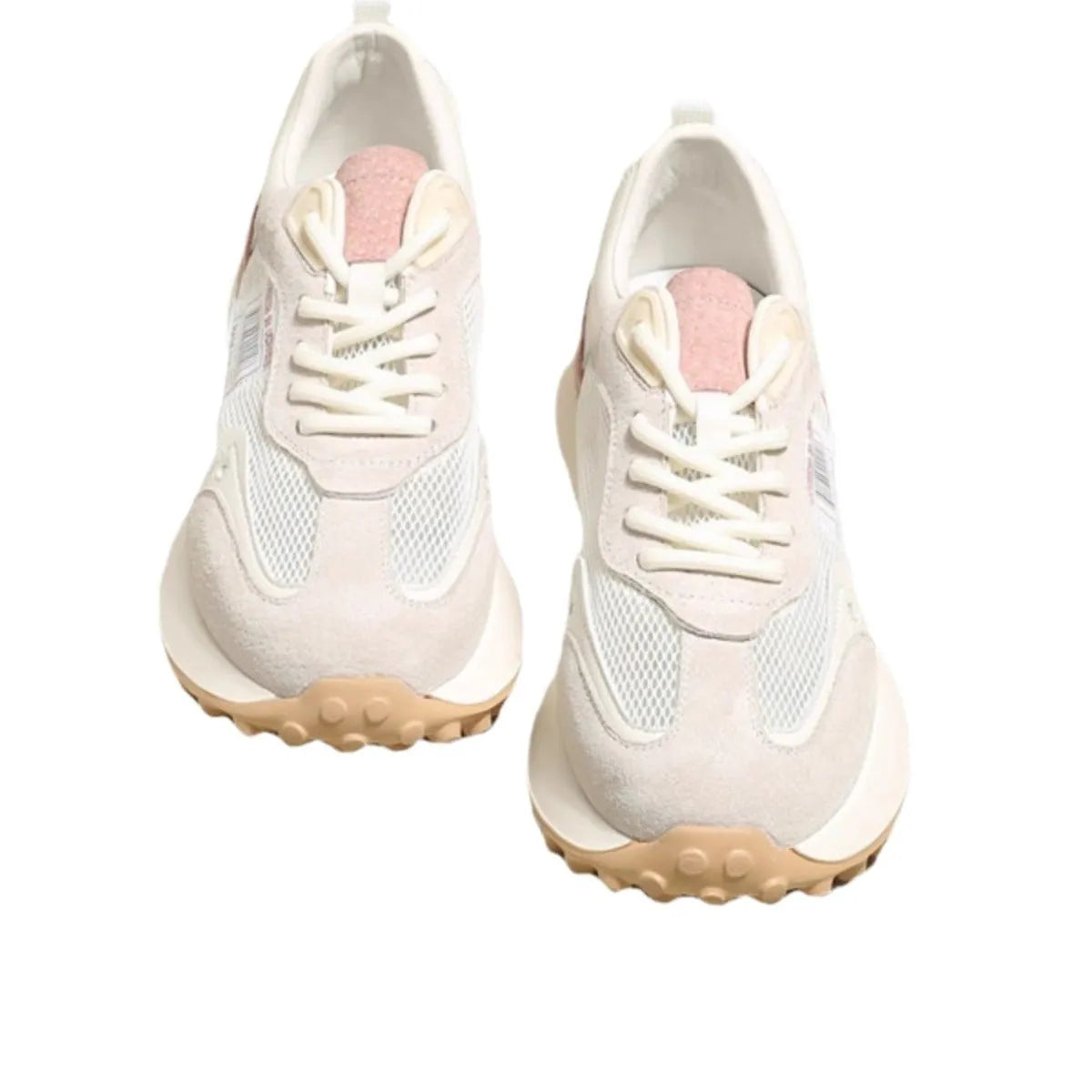 Women's grey and pink low-top retro sneaker with round toe and flat rubber sole.
