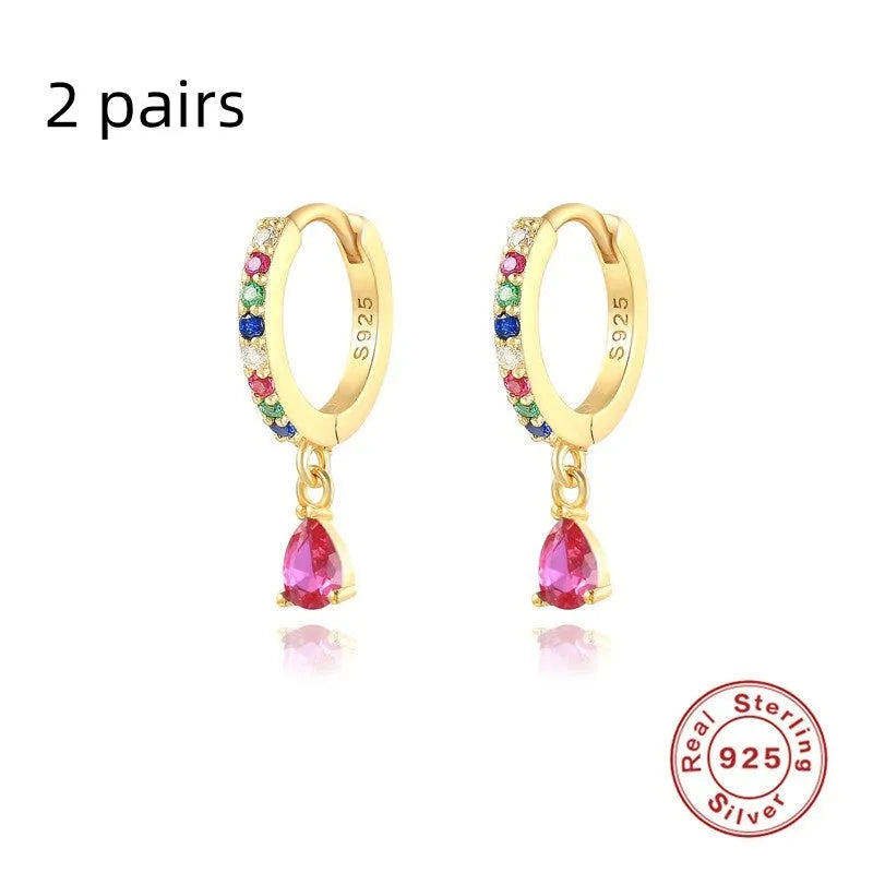 S925 sterling silver water drop earrings with geometric design and crystal accent on gold electroplated finish