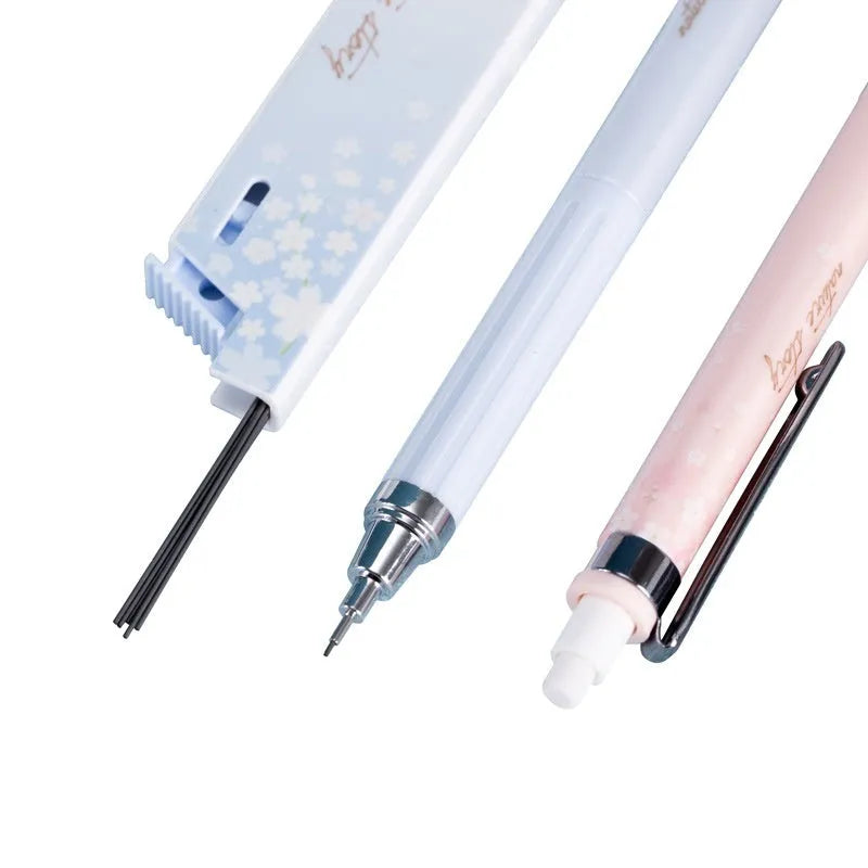 Simplified 0.5mm cartoon automatic pencil set showing three mechanical pencils and HB refill boxes