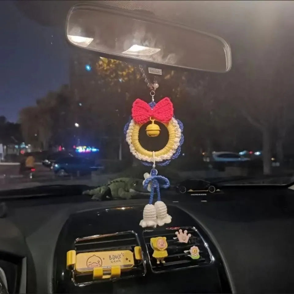 Handmade plush yarn car hanging Snow White decoration with red wind chime pendant