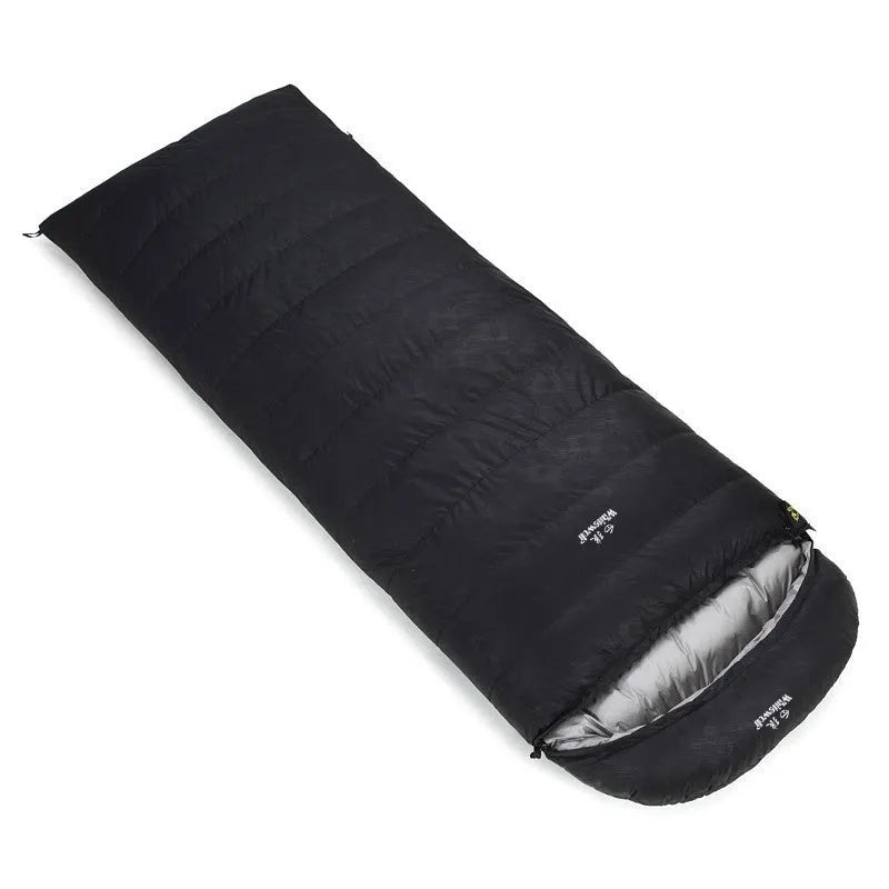 Black outdoor sleeping bag with envelope structure, white goose down filler, and 320t tear-resistant nylon fabric