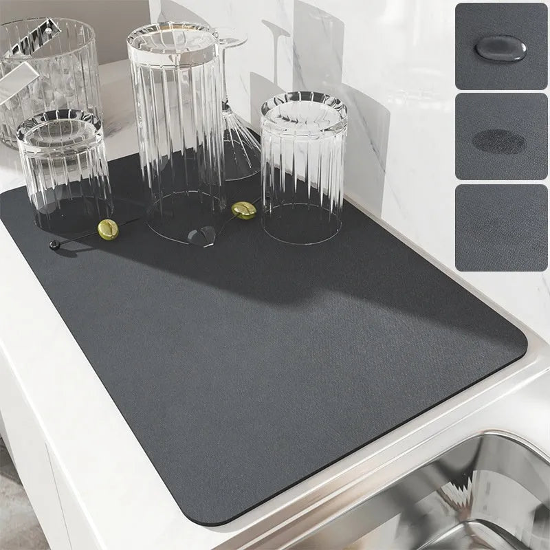 Square technical cloth dish drying mat with PU leather surface and rubber anti-slip backing.