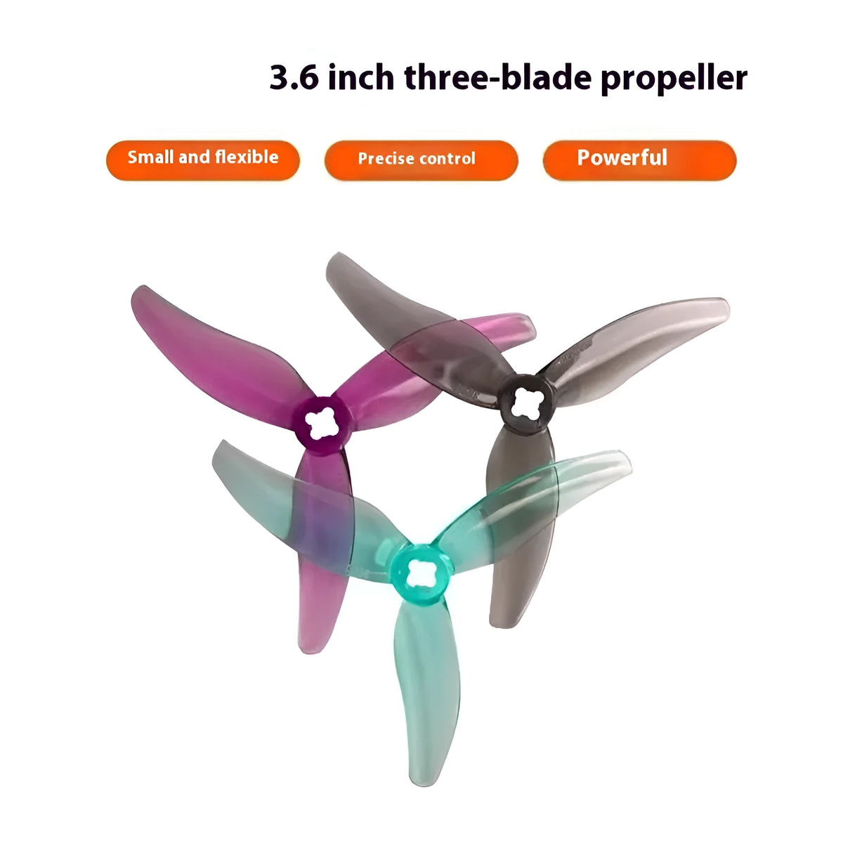 36-inch three-leaf FPV paddle blade in PVC, under 30cm, transparent gray, green, or purple