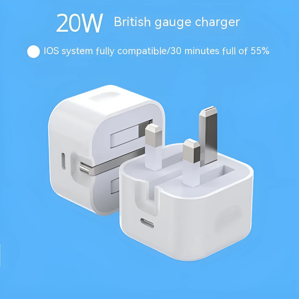 White British 20W PD fast charger with UK plug and Type-C cable on a table