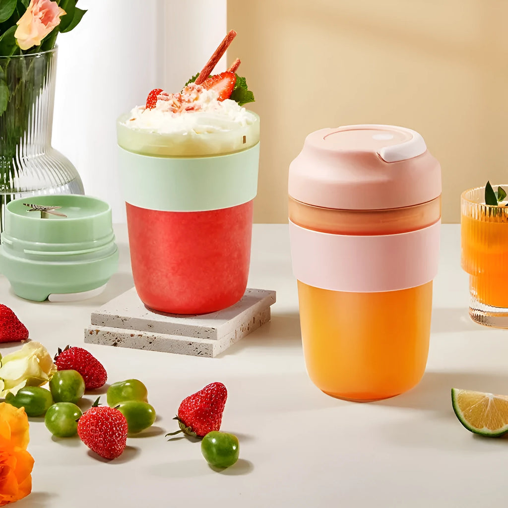 Portable blender juicer cup in green colour with 400ml capacity and stainless steel blades