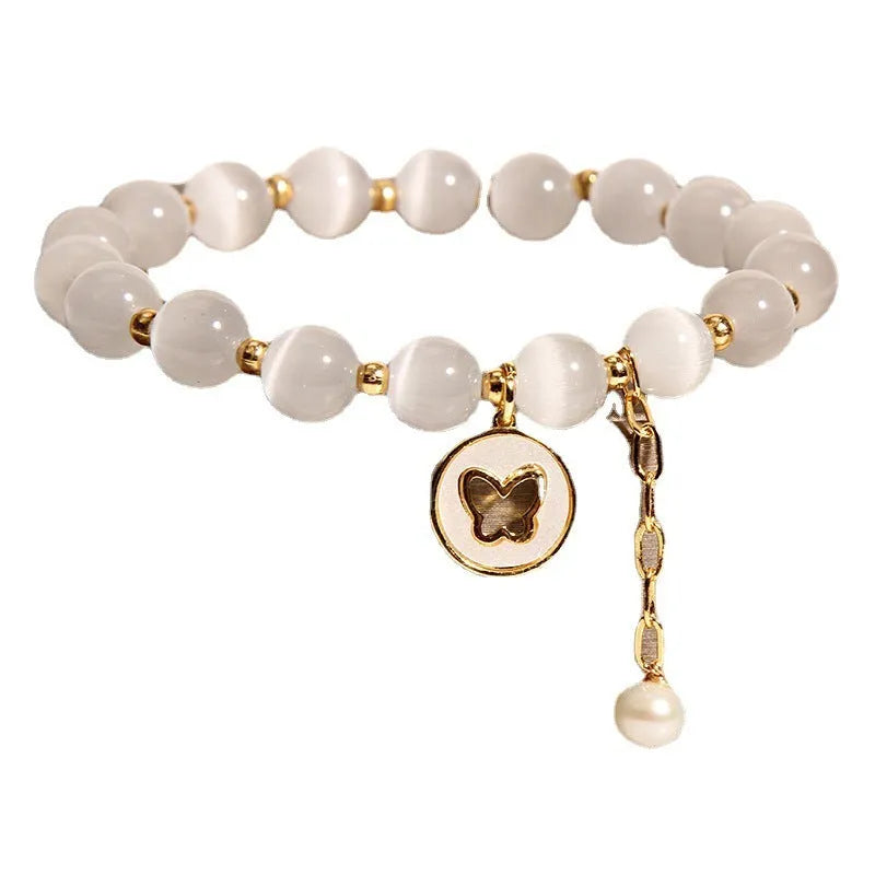 White geometric crystal cat's eye bracelet with adjustable closure in Korean health care style