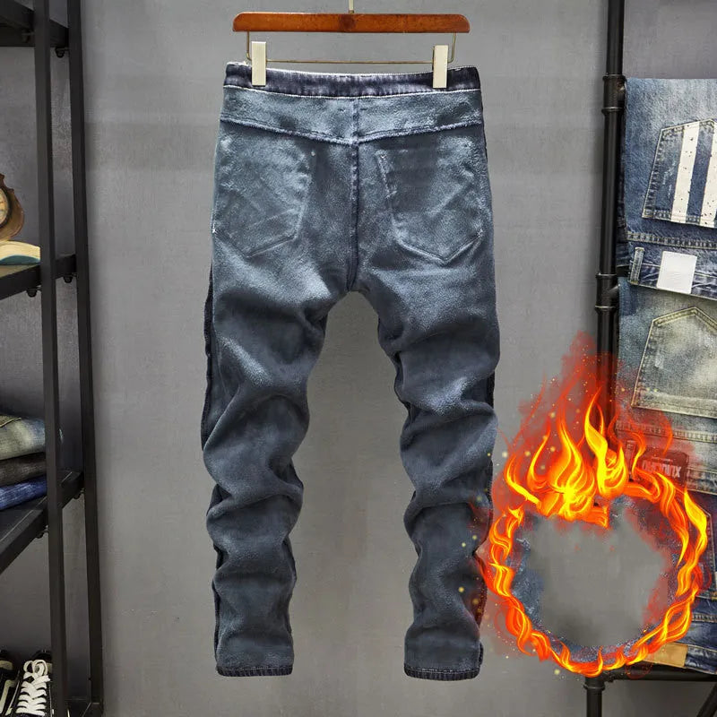 Men's slim-fitting dark blue denim jeans with micro-elasticity fabric and five-pocket design