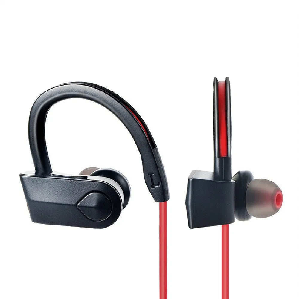 Wireless neck mounted Bluetooth earphones in black showing neckband design with earpieces and USB charging cable