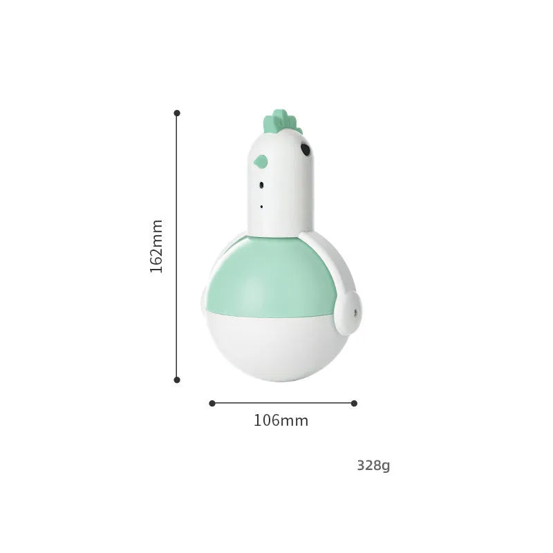 Green and orange electric cat toy chicken with infrared sensor and self-balancing base.