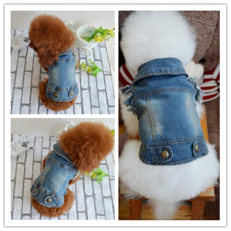 Retro scratch pattern denim dog vest for smaller breeds in dark and light colour options
