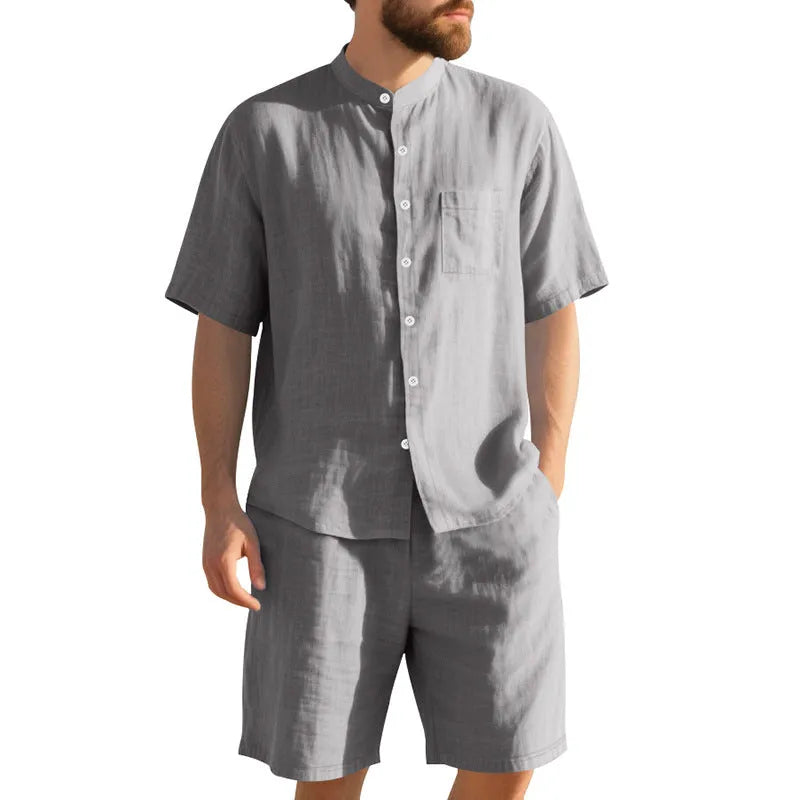 Men's linen-blend summer suit with Henry collar jacket and matching shorts in navy blue colour