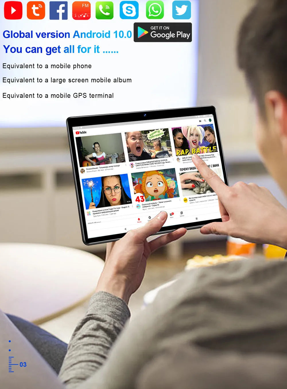 10.1 inch smart tablet in gold, blue, or grey with voice call HD and 9 hour battery
