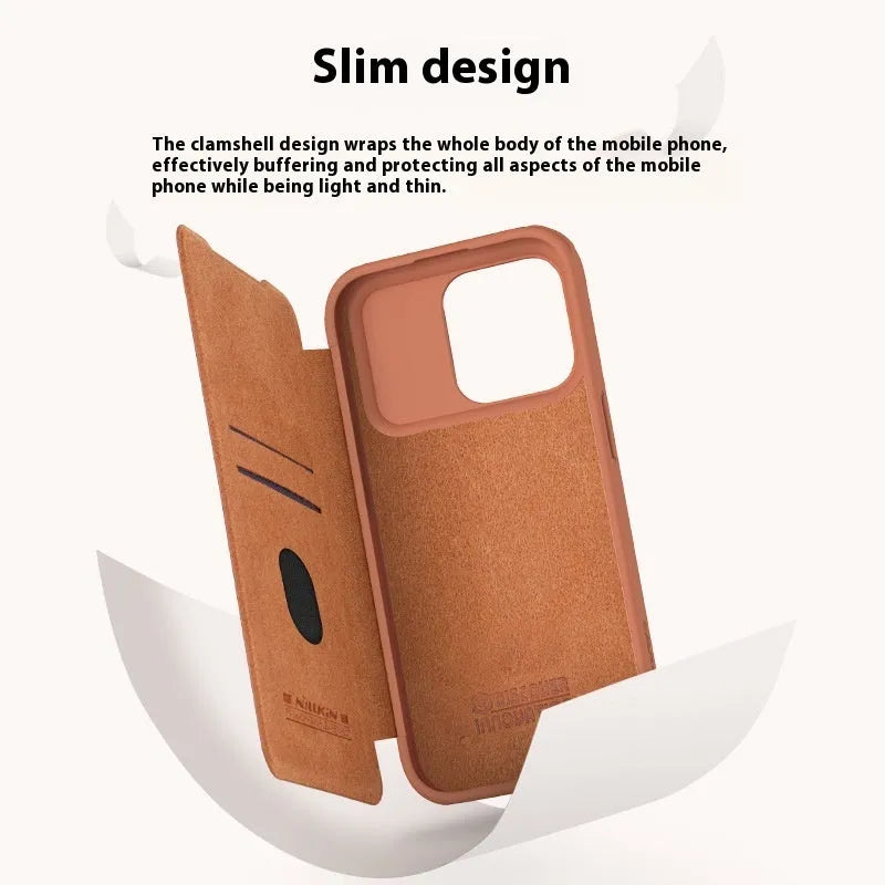 Imitation leather flip phone case for iPhone 15 and iPhone 14 Pro Max in black, brown, or red.