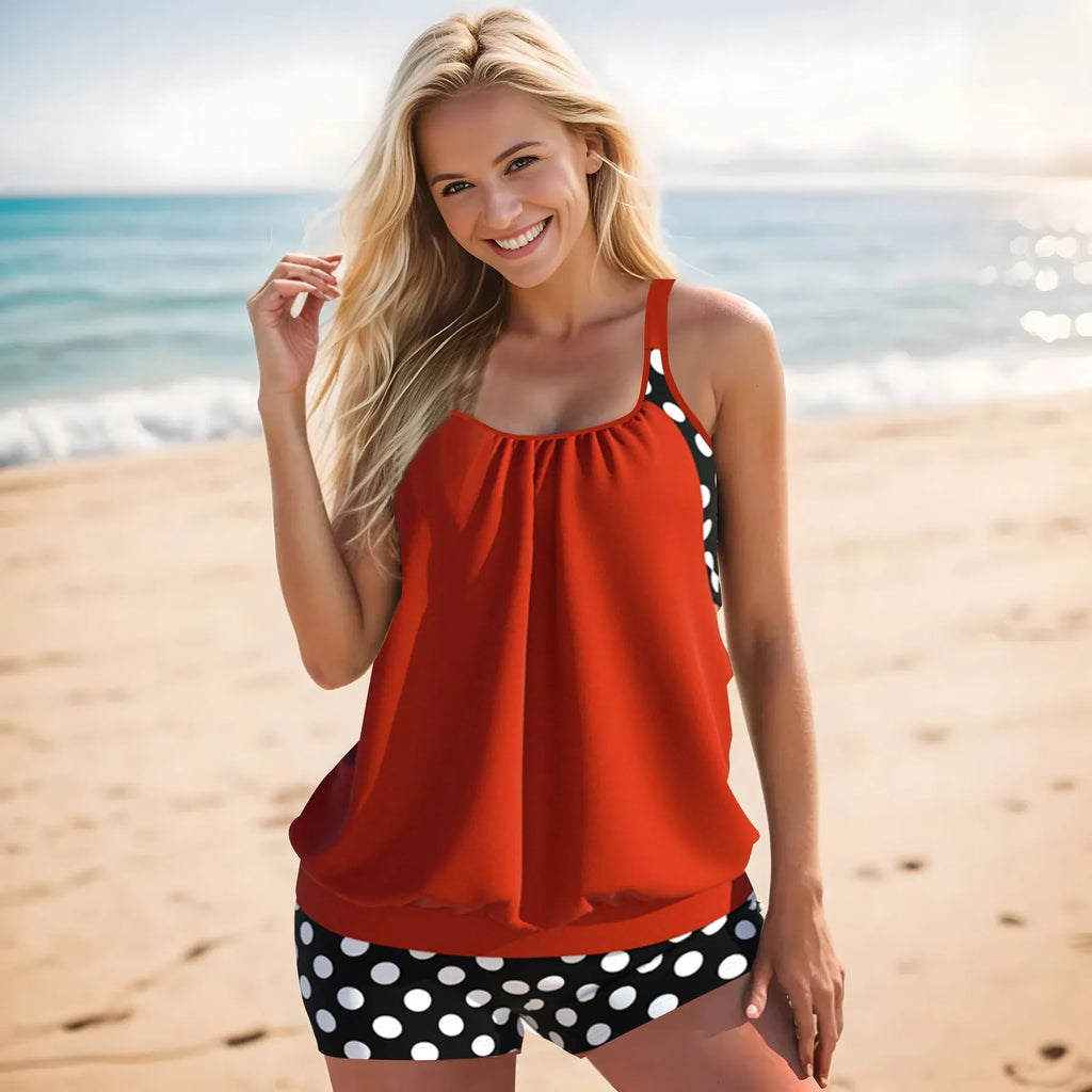 Women's split printed polka dot boxer swimsuit with high-waist briefs in black, red, light blue, or dark blue