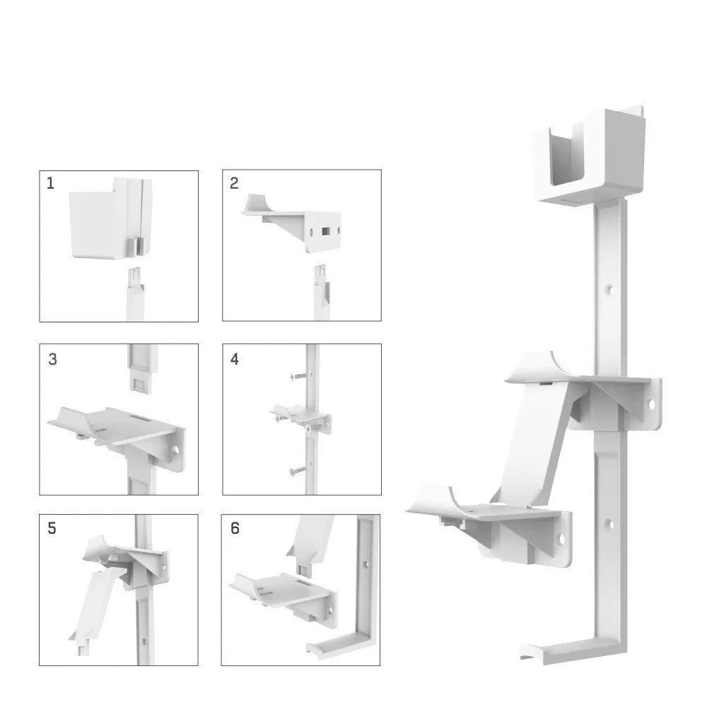 White wall-mounted storage hook holding PS5 controller and gaming headset