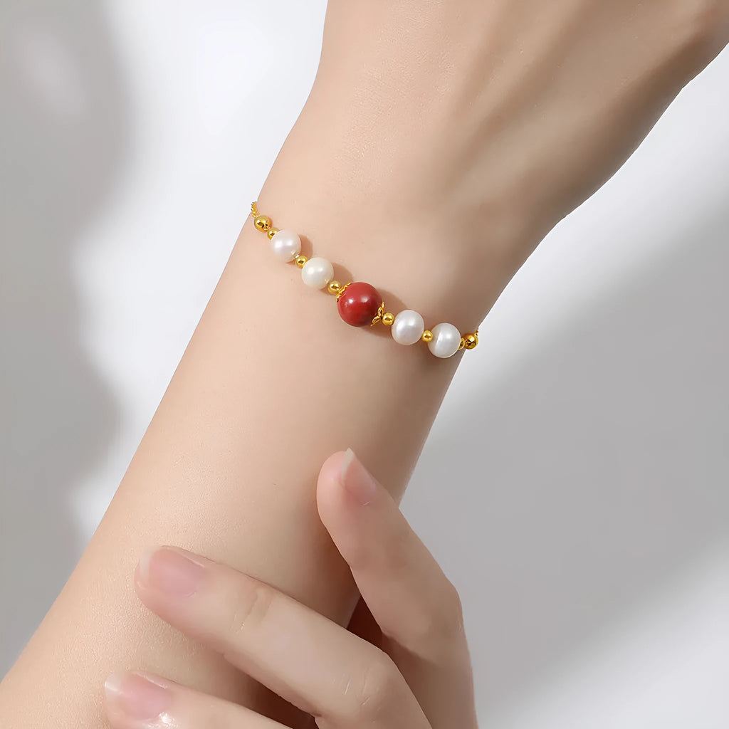 Yellow 925 silver red bean pearl cinnabar bracelet with adjustable sizing for women