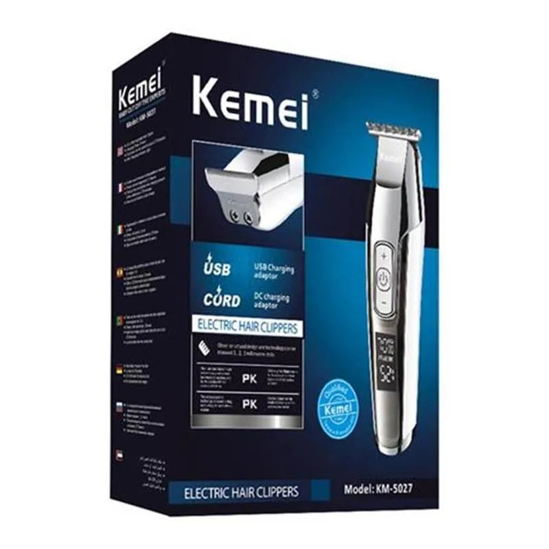 Barber scissors with LCD display showing rechargeable KM-5027 model with stainless steel tool head