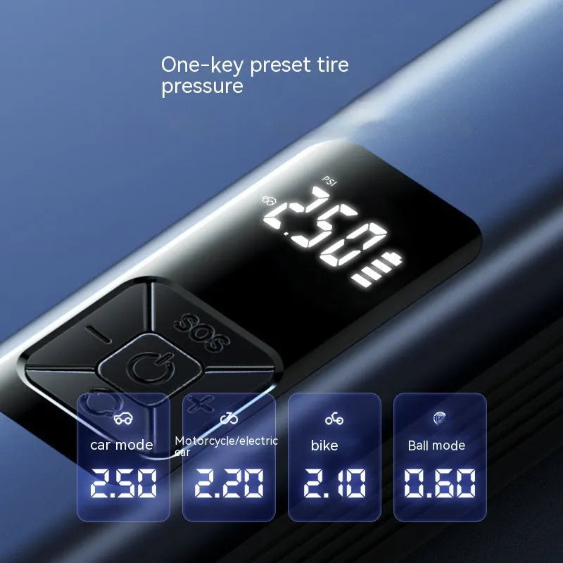 Wireless car tyre inflator and vacuum cleaner with digital display showing tyre pressure reading