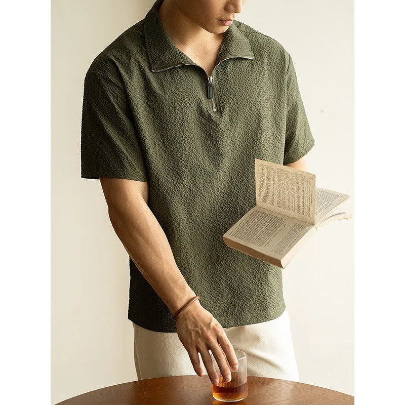 Men's cedar green ice silk short sleeve shirt with loose fit for summer leisure activities