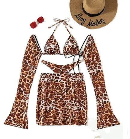 Leopard print women's split bikini swimsuit set with top, skirt, and panties