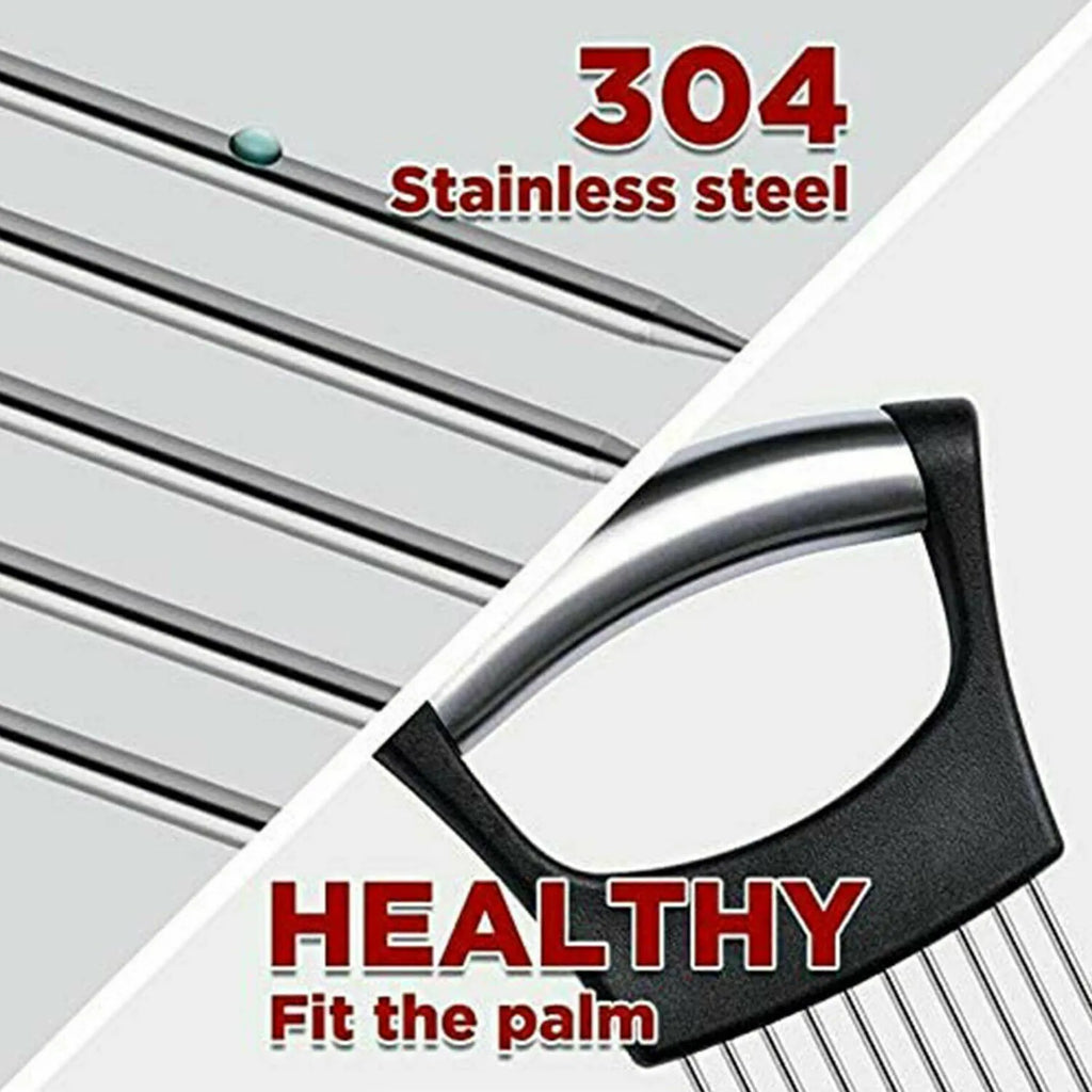 Stainless steel onion holder slicer with ABS base, measuring 14cm by 9.5cm, for secure food cutting