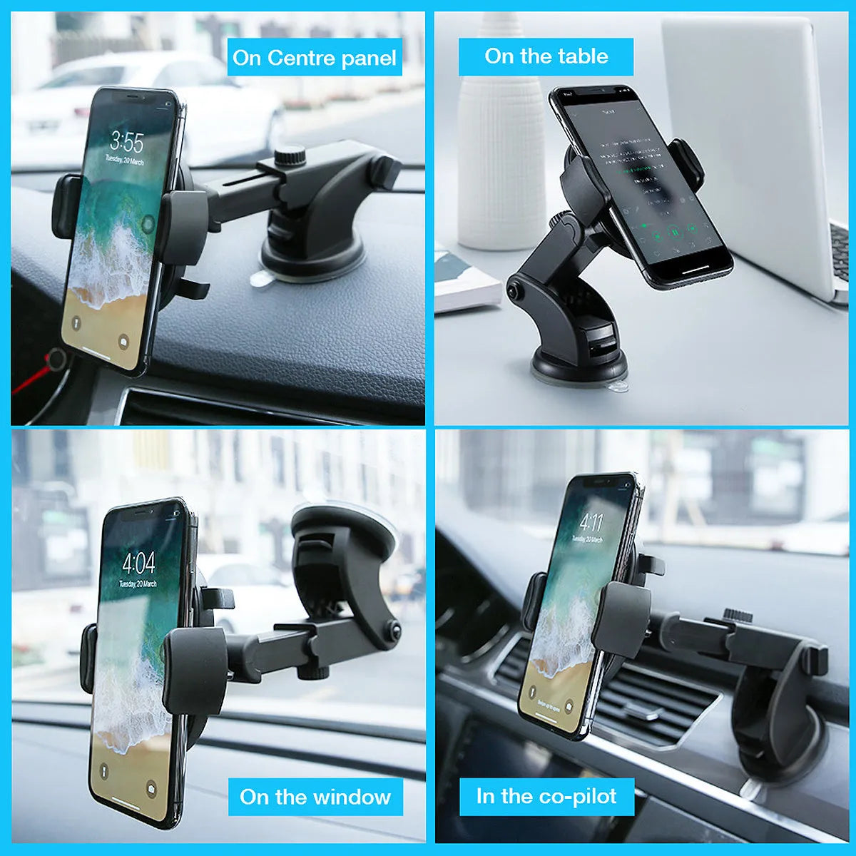 Yellow and black car phone holder with telescopic arm and suction cup on a dashboard