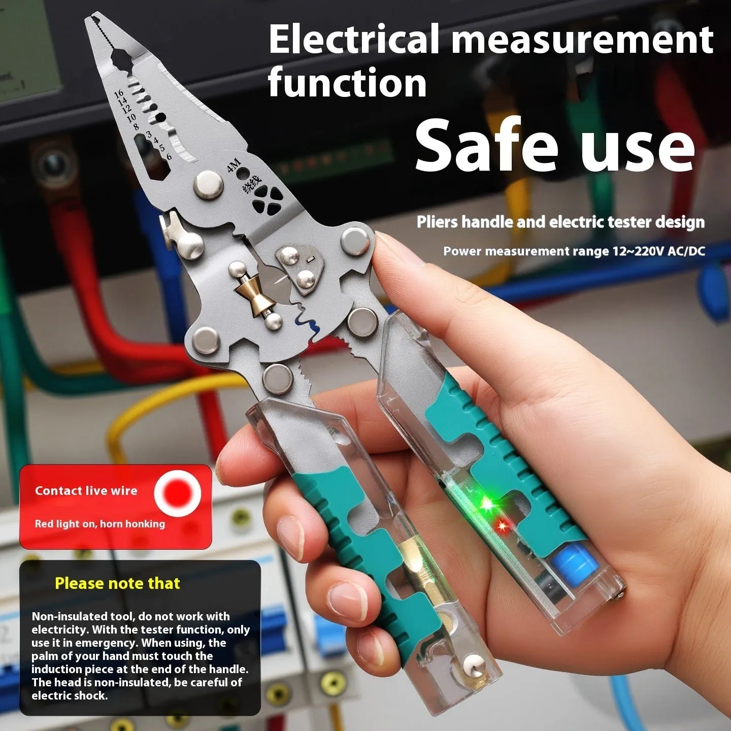 Electricians pliers with wire stripper function showing pointed shape and rust-resistant cutting edges