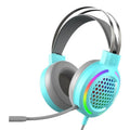 H500 Holloway gaming headset with RGB lights on ear cups, shown in blue with over-ear memory foam cushions.
