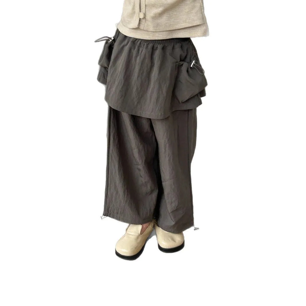 Children's loose casual pants with fart curtain, mid waist, polyester blend, apricot or grey, sizes 90cm to 150cm