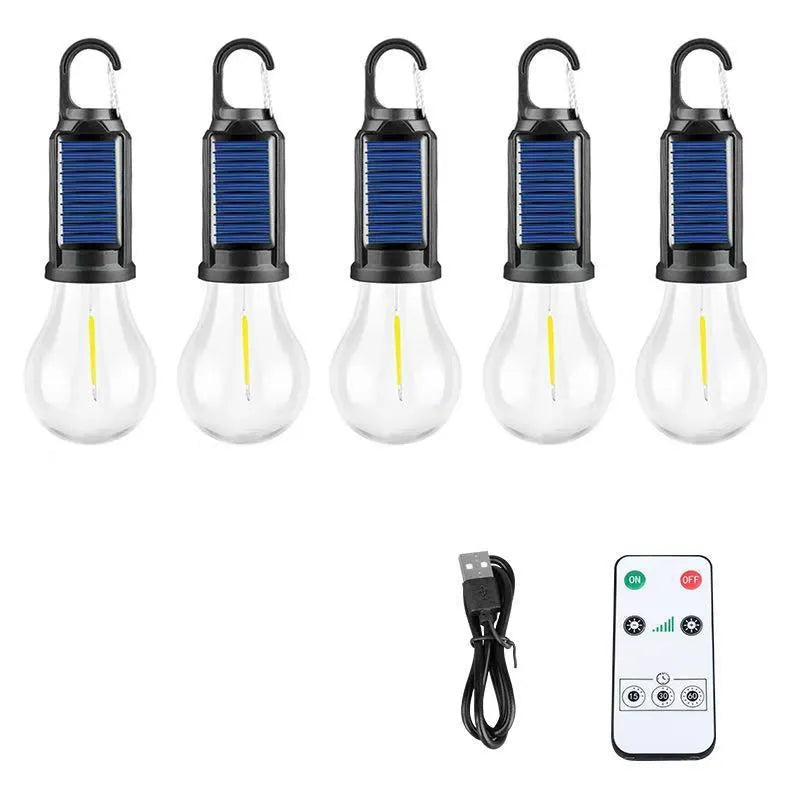 Five solar-powered outdoor lantern-style light bulbs with warm LED illumination