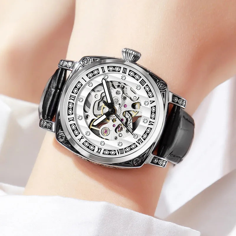 Leather strap mechanical watch with luminous hands showing 10m waterproof rating