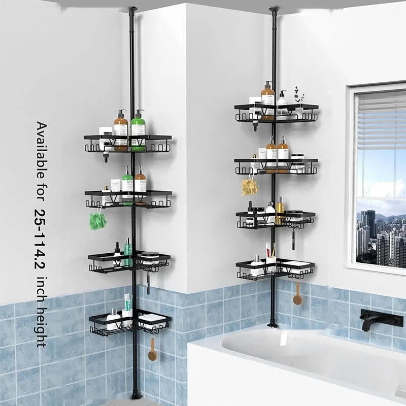 Retractable bathroom storage rack with four layers, stainless steel and iron construction, modern simplicity design