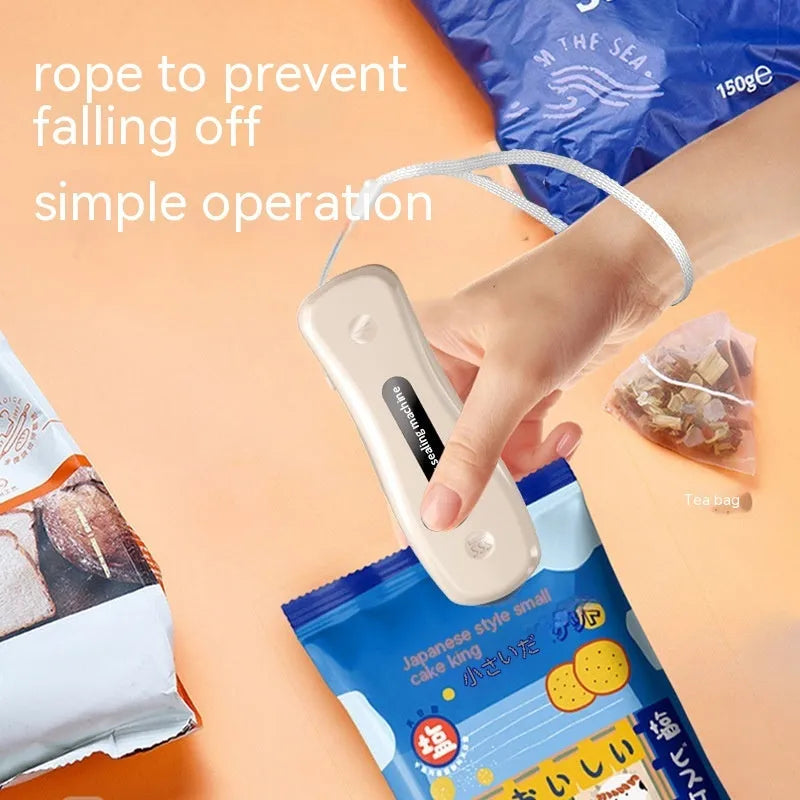 Portable USB rechargeable food sealing machine in milky white with magnetic patch