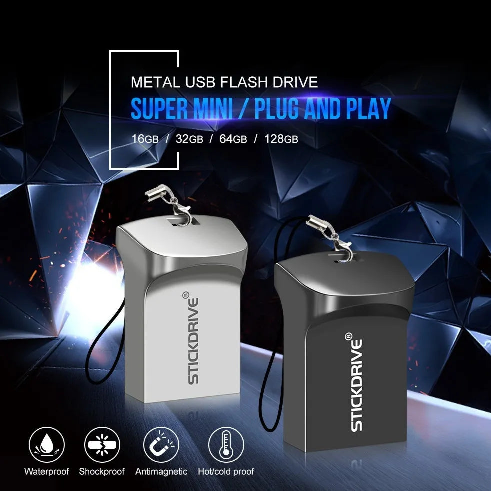 Metal Drive High Speed Car USB flash drive with black or silver chain, showing 9-12mm metal casing and USB port