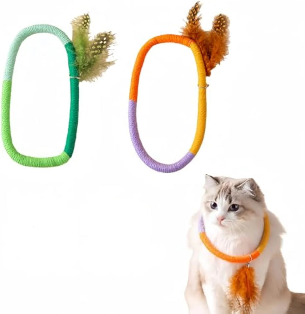 Green cotton rope circular cat toy with feathers and catnip for safe chewing and interactive play