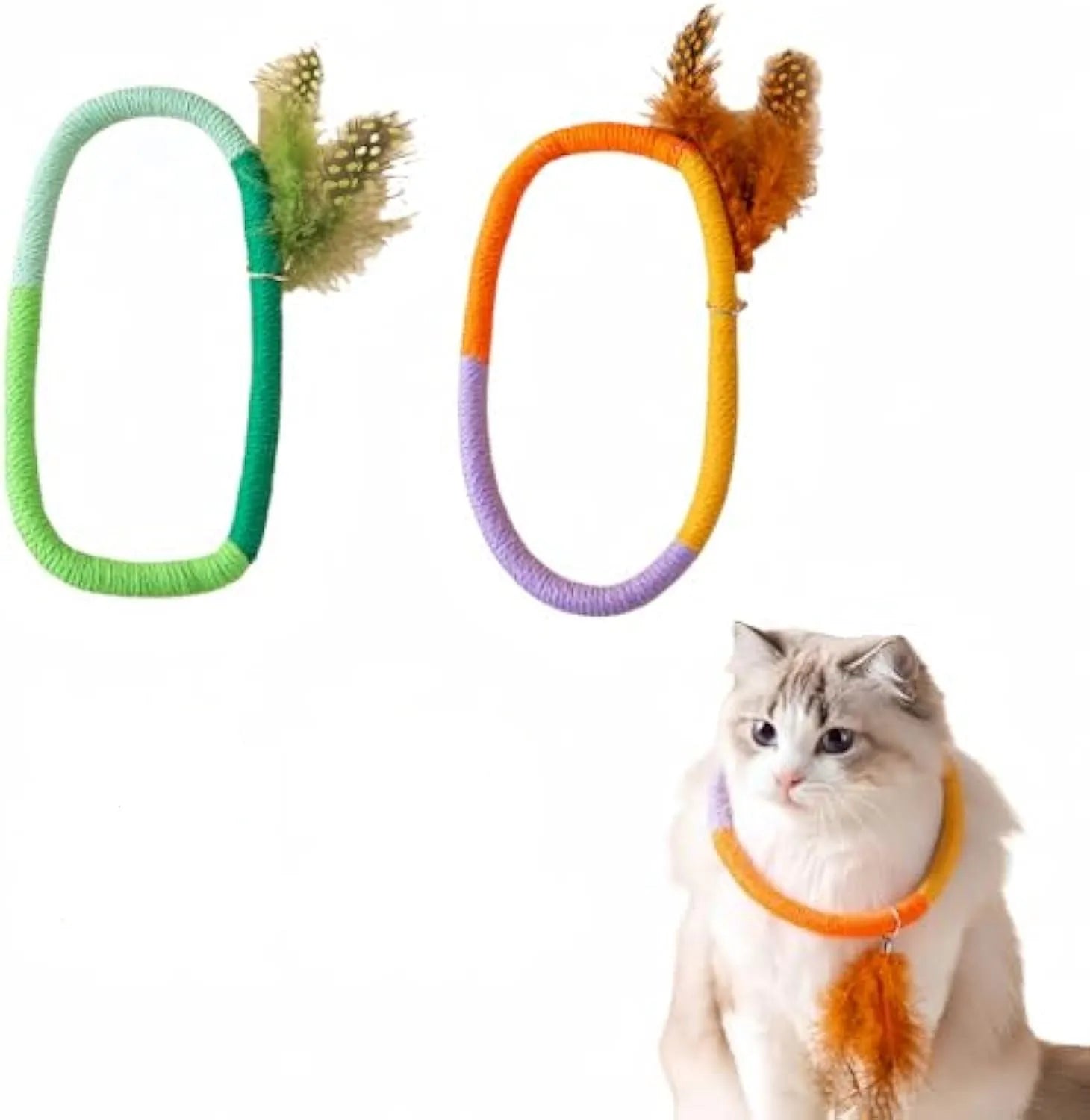 Green cotton rope circular cat toy with feathers and catnip for safe chewing and interactive play
