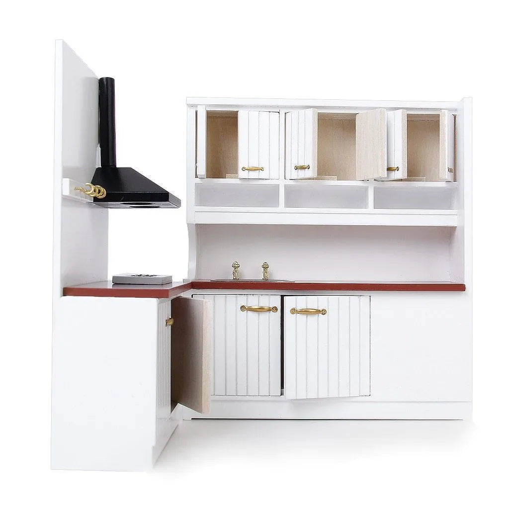 White birch dollhouse kitchen cabinets with working doors and metal handles, sink and stove cabinet set