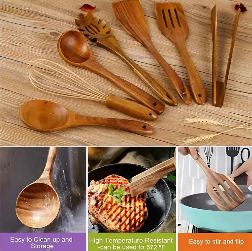 Wooden cooking utensils 7-piece set with various spoon and shovel types for kitchen use