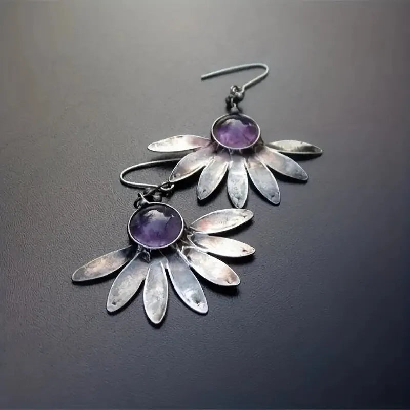 Purple resin gemstone earrings with animal/zodiac modelling in a Bohemian retro style
