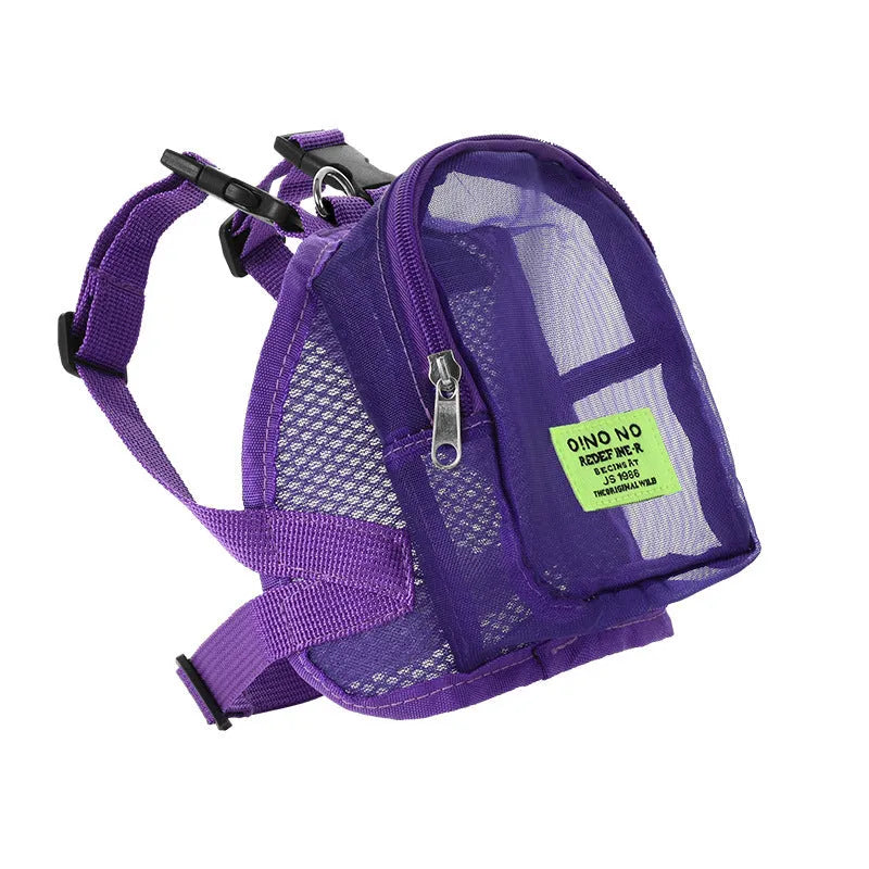 Solid colour breathable polyester dog backpack with a zipped main compartment and lead attachment strap.