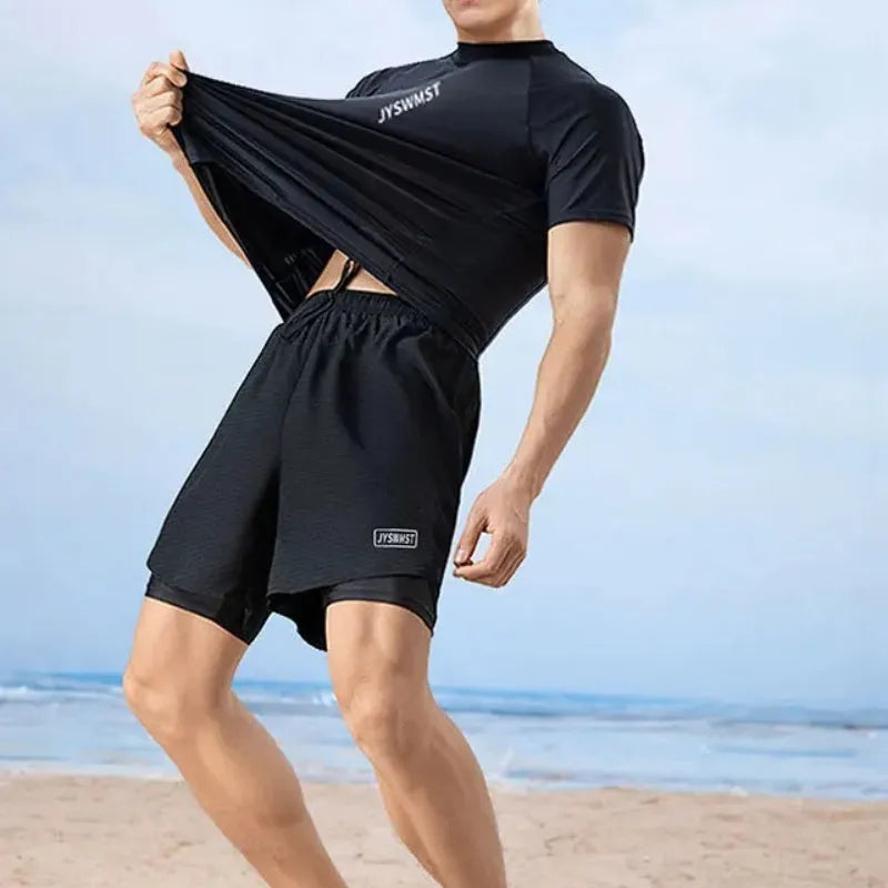 Men's patterned plus size swim shorts set with matching top, shown in multiple colour options.